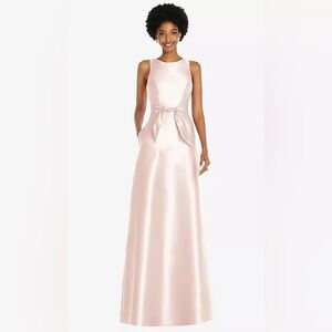 ALFRED SUNG Blush Pink Satin A-Line Wedding Dress with Waist Bow